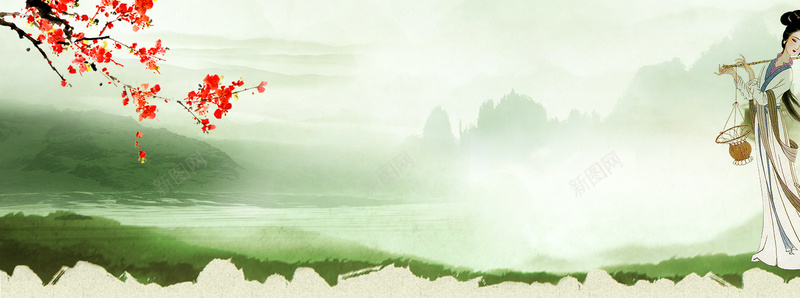 清明节古装中国风渲染绿banner背景