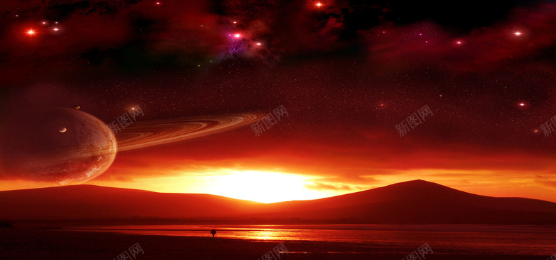 红色日出星球太阳系山川河流背景