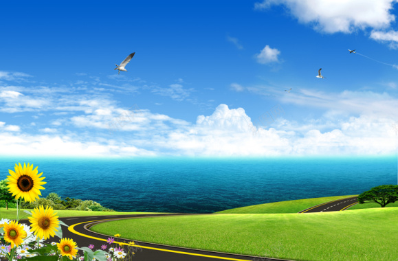 草地鲜花蓝天白云海洋背景素材背景