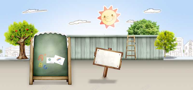 淘宝卡通手绘黑板树木指示版太阳柜子海报背景