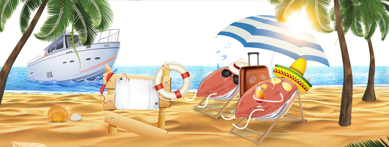 初夏海边度假卡通童趣景色背景背景
