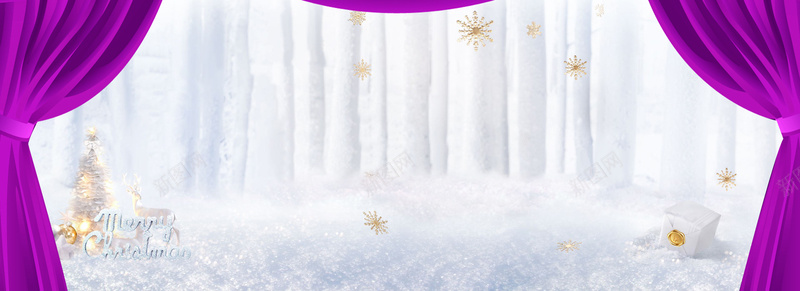舞台圣诞背景海报图jpg设计背景_88icon https://88icon.com 紫色帷幕 雪地背景 圣诞树 舞台 雪花 鹿 白色 素材 海报 banner