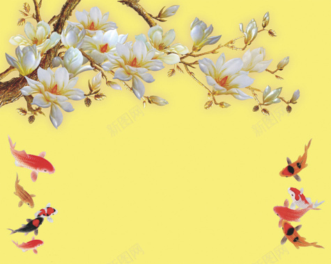 黄色手绘花朵鲤鱼背景背景