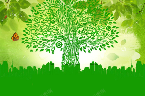 绿色手绘大树背景背景