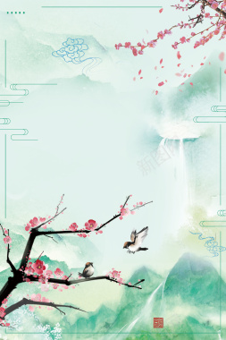 浅绿色中国风传统节气立春梅花山水背景背景
