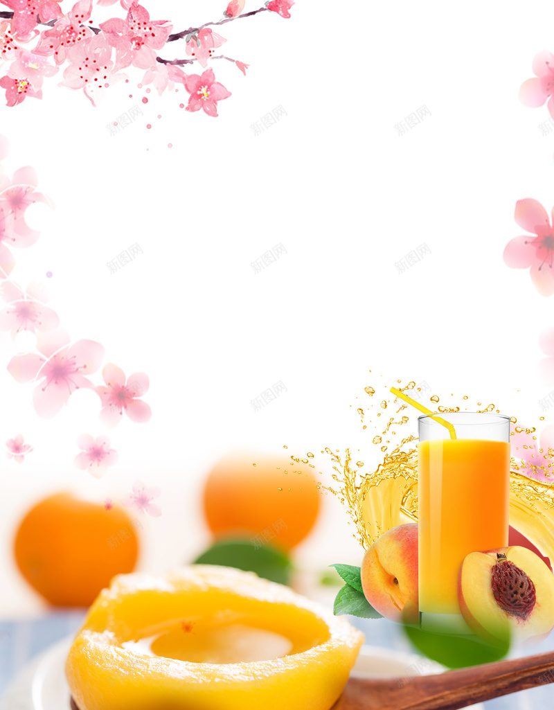 蜜桃汁促销宣传海报psd设计背景_88icon https://88icon.com 水蜜桃汁 水蜜桃 新鲜 果汁 水果 美味 桃花 黄桃