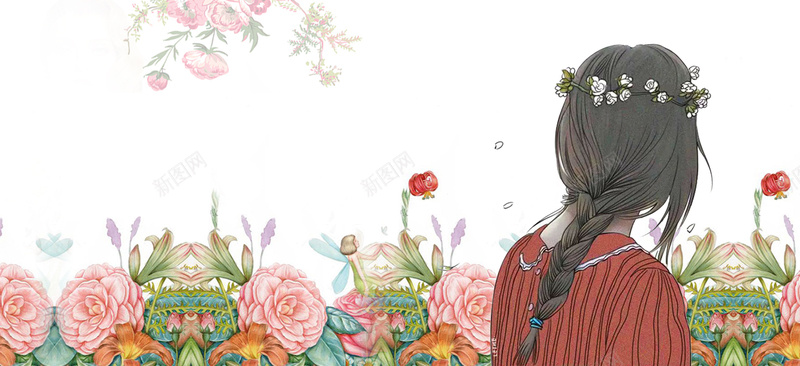 天猫化妆节手绘红色花朵banner背景