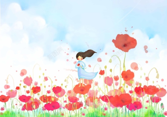 手绘花朵小女孩蓝天海报背景背景