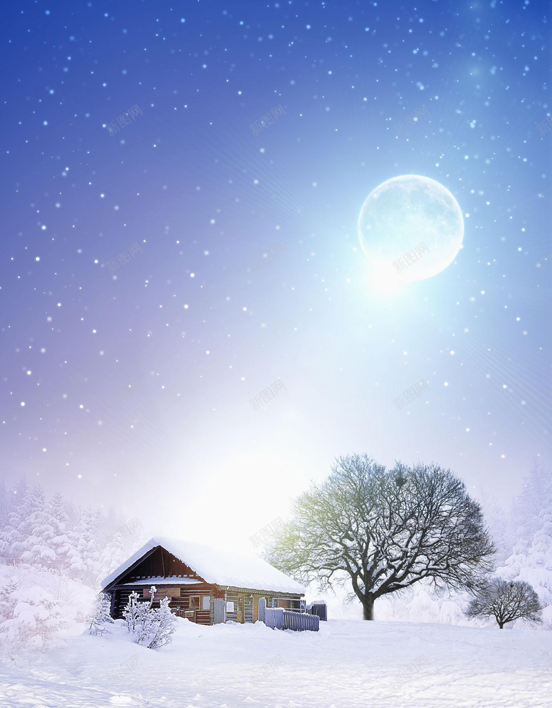 雪中风景背景素材jpg设计背景_88icon https://88icon.com 房子 满月 雪地 雪景 树 大雪 雪花 背景 海报 素材背景
