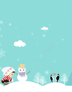 一对企鹅扁平化雪景海报背景高清图片