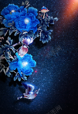 梦幻星空蓝色花朵小鸟背景