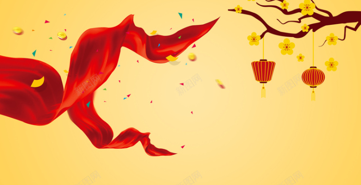 红绸带彩带飘零新年大钜惠海报背景素材背景