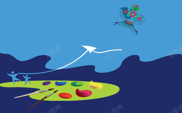 蓝色扁平创意手绘风筝节海报背景素材背景