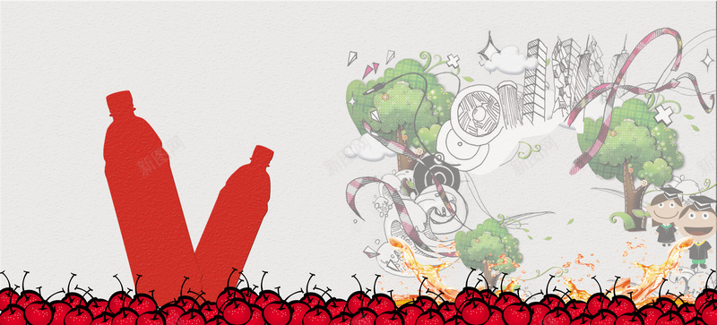 卡通饮料灰色背景素材psd设计背景_88icon https://88icon.com 卡通人物 红色瓶子 卡通 灰色 饮料 苹果 樱桃 果汁 水花 飞溅 饮品 节日 优惠 新品 背景素材