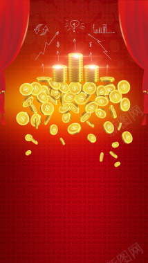 金融理财红色纹理帷幕金币H5背景素材背景