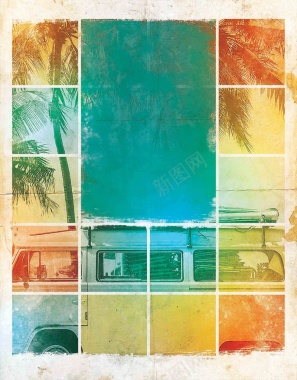 美式乡村椰子树巴士彩色海报背景