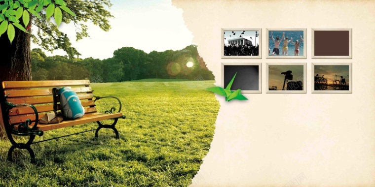 怀旧照片墙公园草地绿色大树长椅海报背景背景