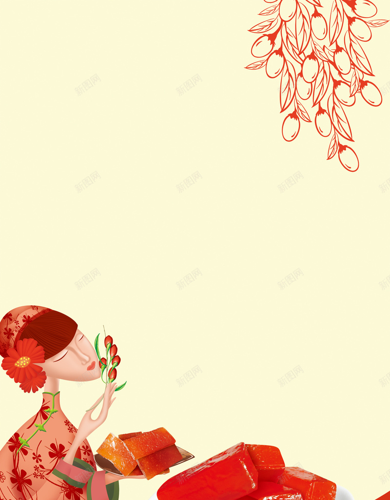 红色手绘枸杞美食背景素材jpg设计背景_88icon https://88icon.com 红色 女人 花朵 枸杞 绿色食品 健康