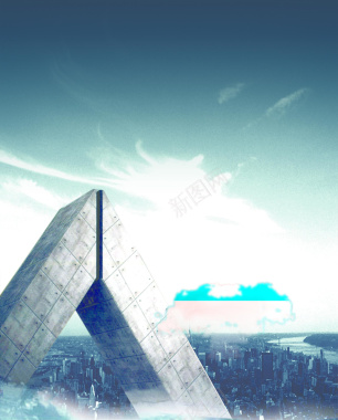 立体三角形坐落于城市上空的图片背景