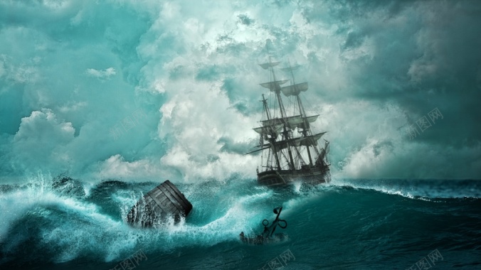 阴天海洋船海浪背景素材背景