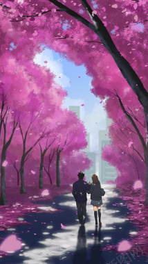 樱花下的情侣插画H5背景背景