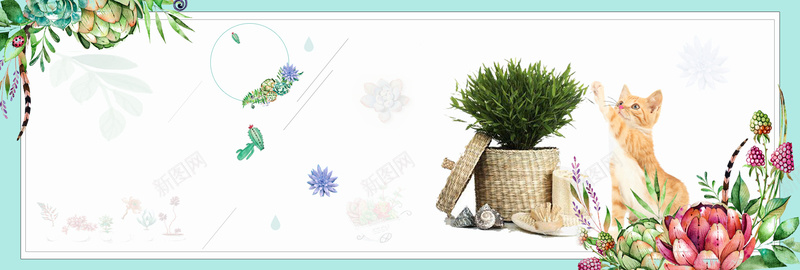 蓝色小清新花朵猫咪绿植多肉bannerpsd设计背景_88icon https://88icon.com 小清新 猫咪 绿植 花朵 蓝色 多肉 banner 促销 可爱 桌面植物