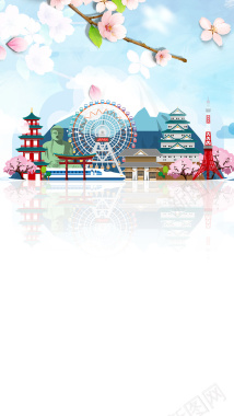 蓝色手绘日本旅游PSD分层H5背景素材背景