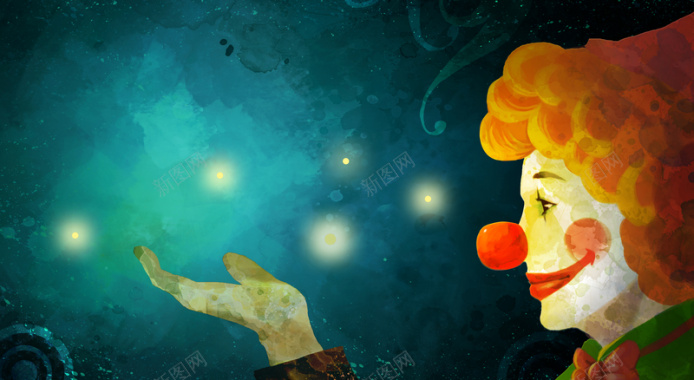 梦幻跨年夜手绘小丑萤火虫小清新背景素材背景
