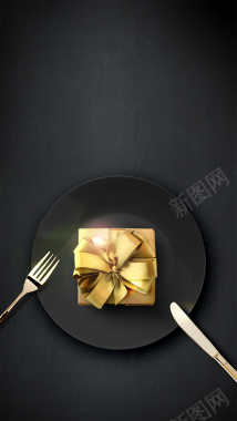 黑色盘子叉子西餐圣诞节晚餐背景