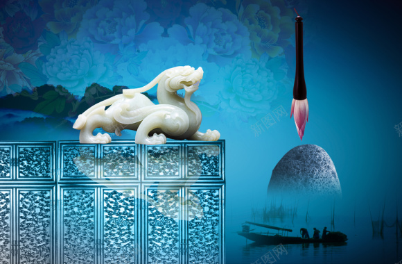 中国风笔墨玉雕蓝色背景素材背景