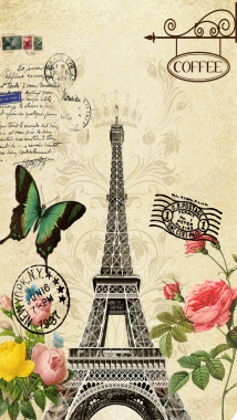 手绘复古欧洲巴黎铁塔棕色背景图背景