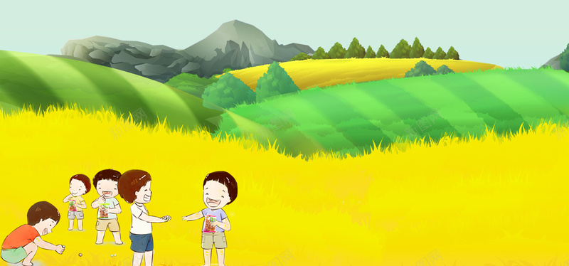 儿童节卡通山间玩乐童趣黄色背景背景