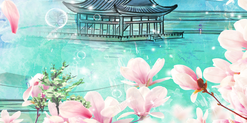 春天水墨风桃花H5背景psd设计背景_88icon https://88icon.com 水墨风 春天 桃花 红色 花朵 春景 亭子 蓝色 桃花背景 春天背景 水墨桃花