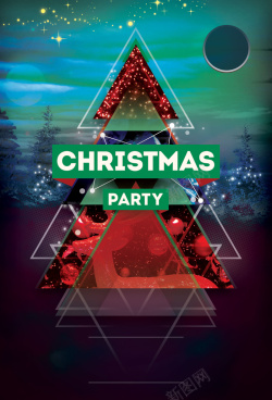 光树圣诞节绿色扁平夜店派对圣诞树海报高清图片