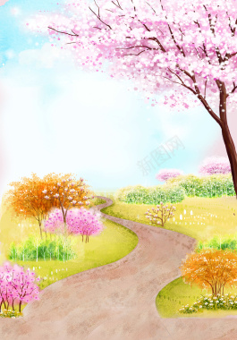 彩色手绘风景羊肠小道樱花大树风景背景素材背景