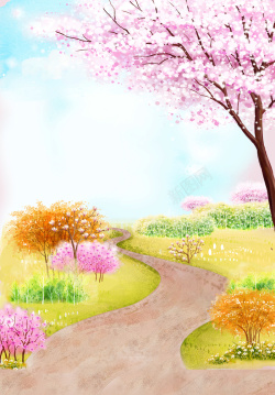 羊肠彩色手绘风景羊肠小道樱花大树风景背景素材高清图片