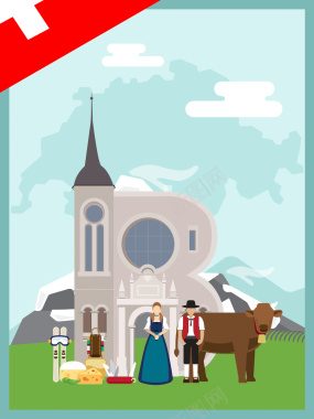 绿色扁平化瑞士旅游海报背景背景