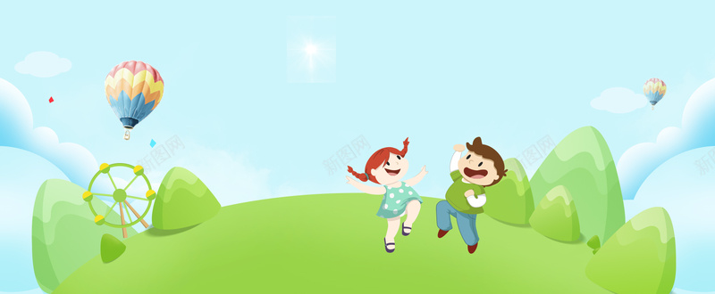 61儿童节野外玩乐卡通绿色背景背景