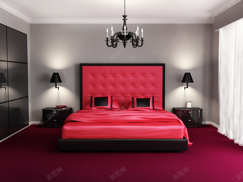 欧式红色软床背景jpg设计背景_88icon https://88icon.com 卧室 家居 模型 艺术 床 床头柜 窗户 窗帘 红色 灯 软床 欧式 背景