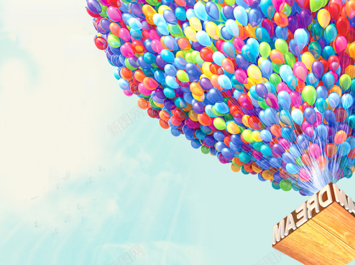 淡蓝色天空下数万彩色气球带广告飞扬背景