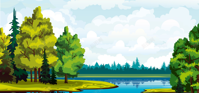 湖边绿色树与蓝天背景图背景