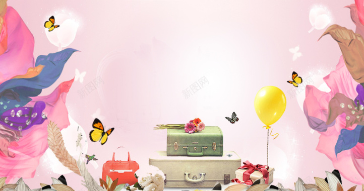 粉色温馨手绘插画花卉蝴蝶新品海报背景素材背景