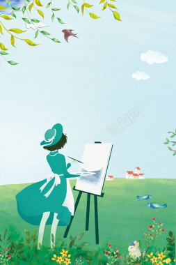绿色手绘春季踏青写生的少女海报背景