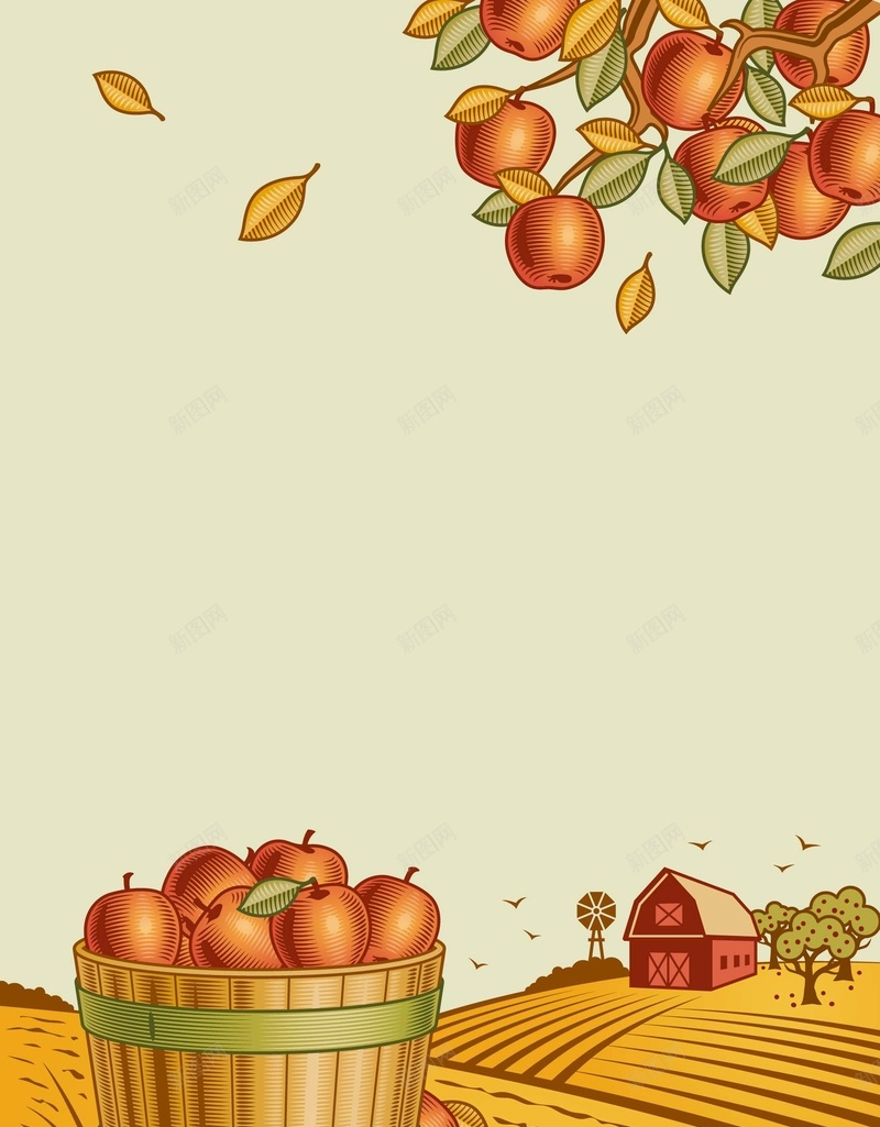 卡通手绘秋季果实丰收季节jpg设计背景_88icon https://88icon.com 丰收 卡通 手绘 果实 秋季 季节 苹果 木桶