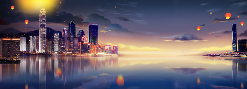 蓝色唯美城市夜景江边背景背景
