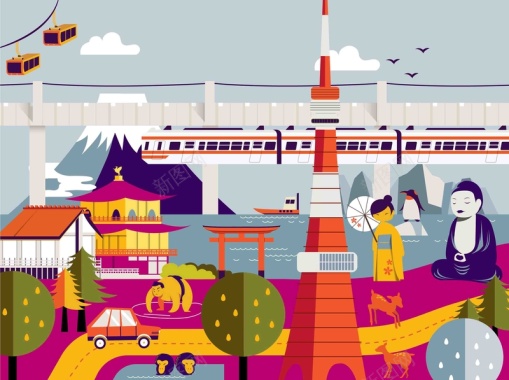 手绘矢量旅游日本景点樱花富士山奈良海报背景