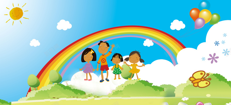六一儿童节卡通儿童彩虹白云海报背景背景