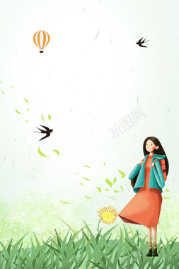 绿色手绘女孩春季海报背景