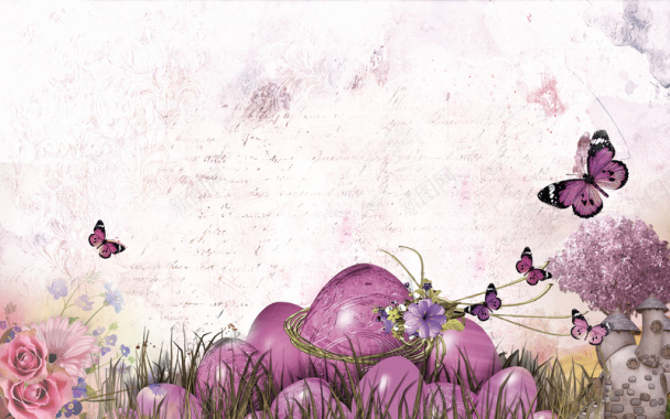 紫色插画花卉蝴蝶复活节海报背景素材背景