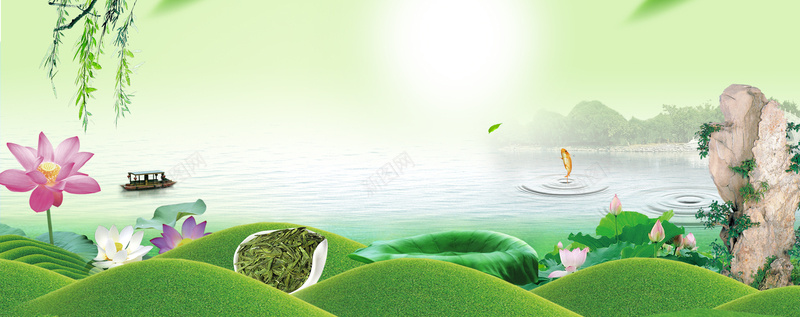 春茶节文艺西湖景色绿色banner背景